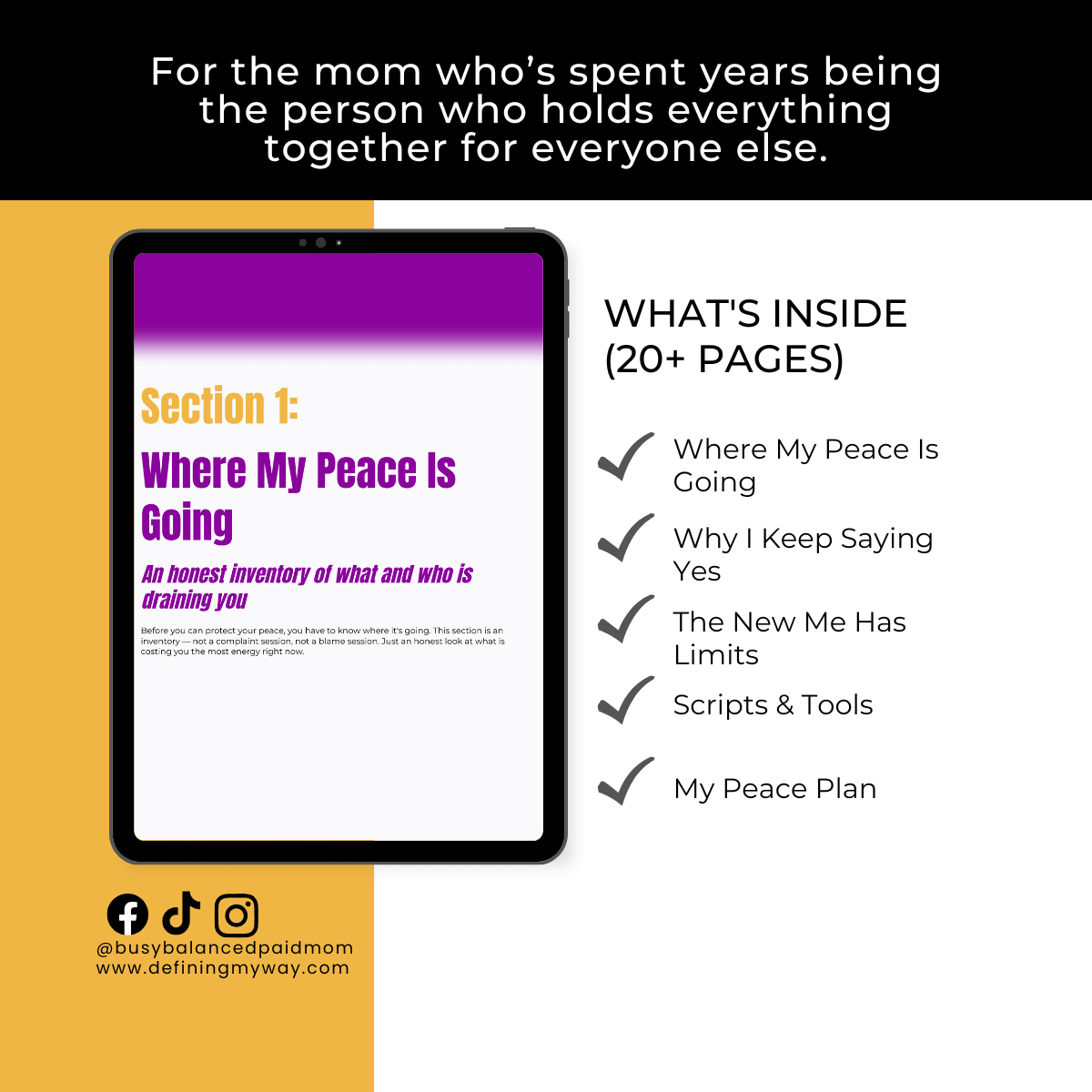 Promotional graphic for The Peace Protector ebook for moms on a tablet displaying what's inside.